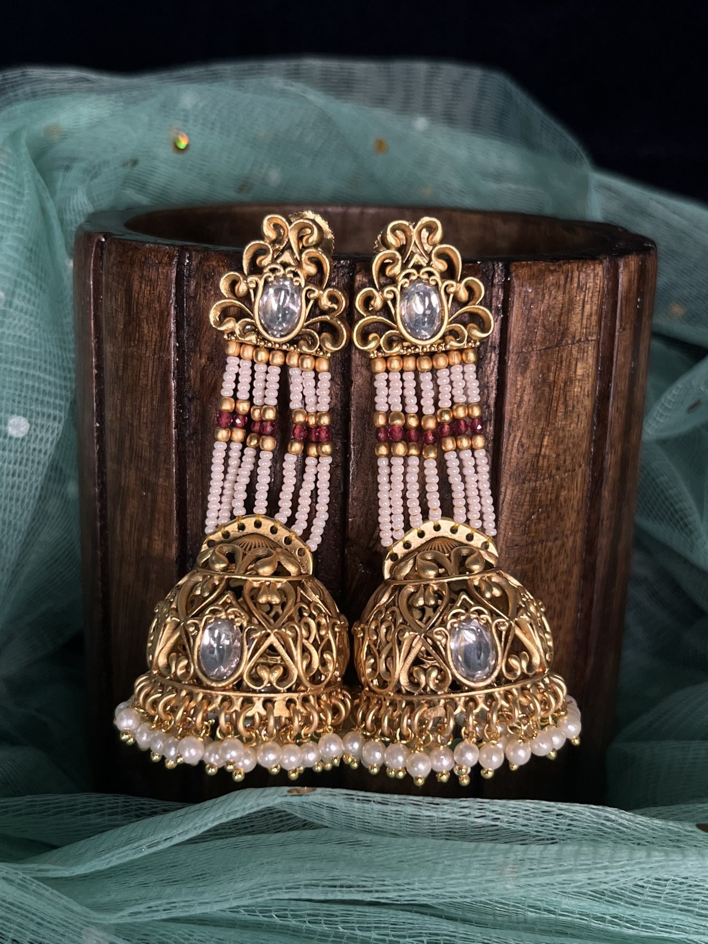 Rajwadi gold pearl hanging jhumkas