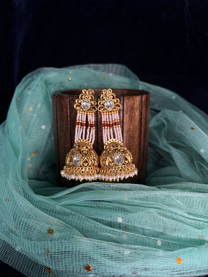 Rajwadi gold pearl hanging jhumkas