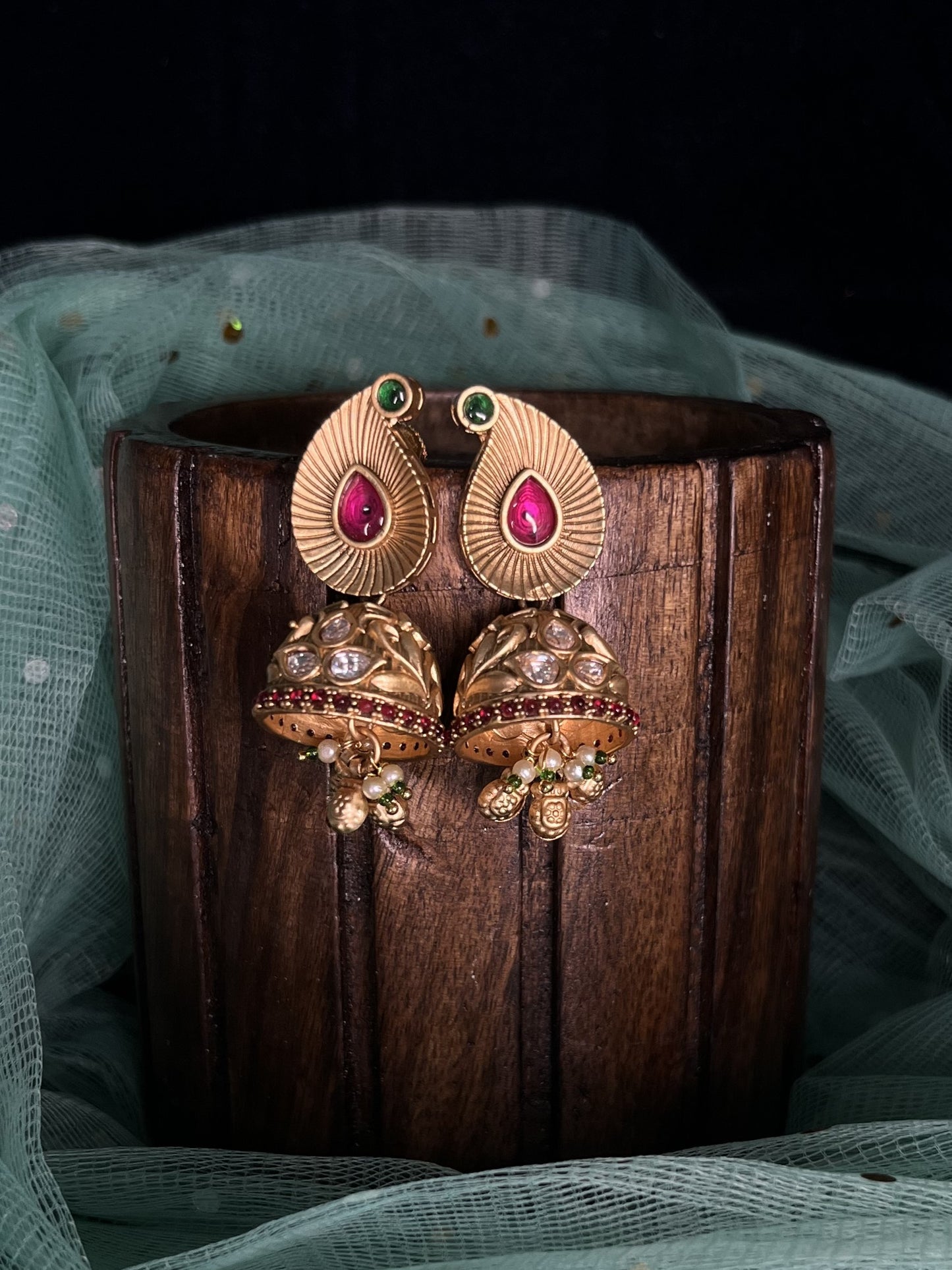 Elegant pachi kundan studded rajwadi gold jhumkas